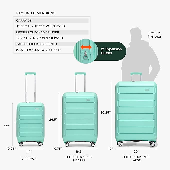 Traveler's Choice Pagosa Indestructible Hardshell Expandable Spinner Luggage, Mint, 3-Piece Set (22/26/30)