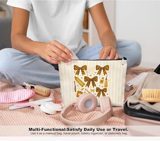Cheetah Smile Dental Care Makeup Bag, Cute Tooth & Bow Cosmetic Pouch for Dental Assistant Hygienist Dentist Gift for Women
