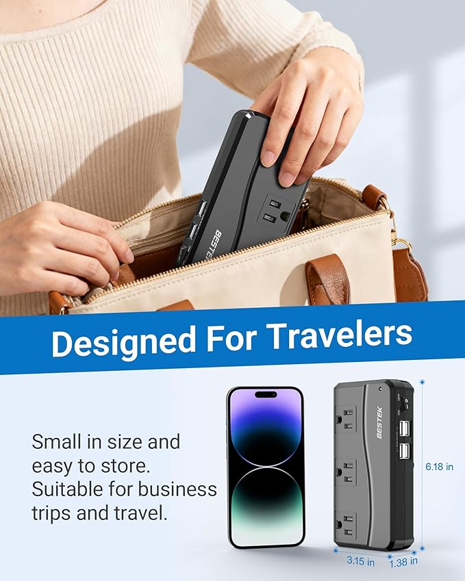 BESTEK Universal Travel Adapter 100-220V to 110V Voltage Converter 250W with 6A 4-Port USB Charging 3 AC Sockets and EU/UK/AU/US/India Worldwide Plug Adapter (Black)