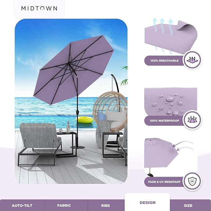 Midtown Umbrellas 10-Year-No-Fade - 6 Ft - UV Proof Purple Polyester Fabric - Umbrella Outdoor Patio, Auto-Tilt Aluminum Frame Large Patio Umbrella for Garden, Pool & Deck - Black Pole