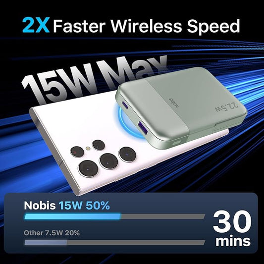 NOBIS A2641 Magnetic Power Bank, 10000mAh Wireless Portable Charger, 22.5W Magnetic Battery Pack with Stands,Magnetic Portable Charger with LED Display for iPhone 16 (Green, 22.5W)
