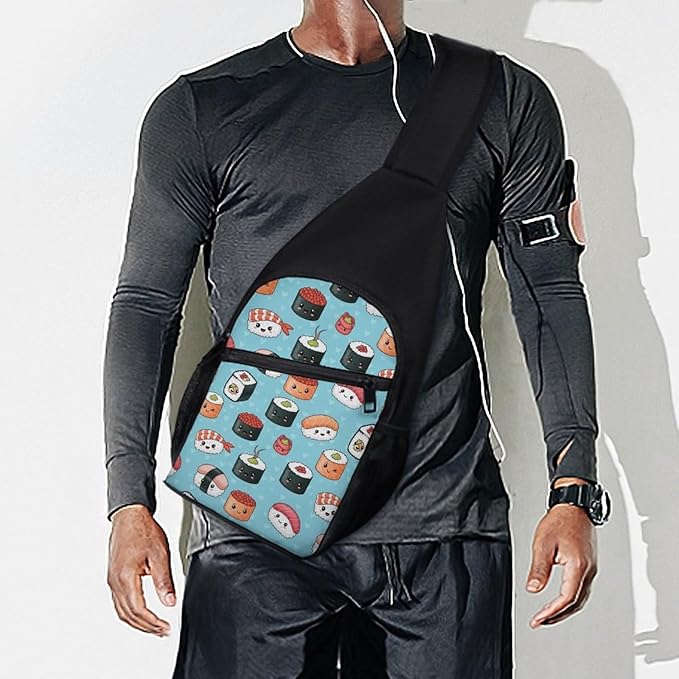 SWEET TANG Polyester Shoulder Sling Bag Multipurpose Casual Sport Daypack Unbalance Backpack with Small Pocket and Smooth Zipper, Blue Sushi