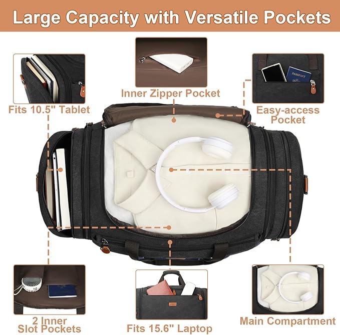 Canvas Mens Duffle Bag for Travel - Expandable 50L Weekender Bags with Toiletry Bag, Overnight Bag Travel Duffel Carry On Luggage with Removable Shoulder Strap, Durable & Water-Resistant