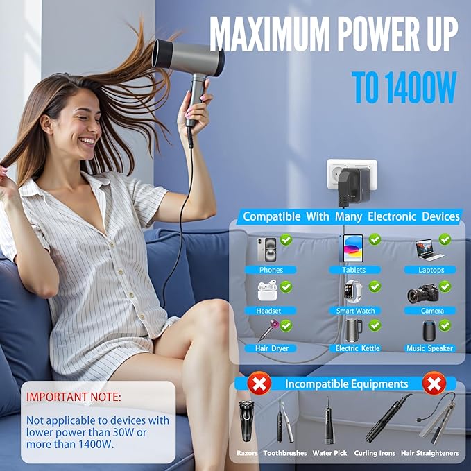 220V to 110V Voltage Converter US to Europe Travel, Adapter Plug Converter for European Travel with 20W PD & 2 USB-A & 2 USB-C Port, European Power Converter Combo USA to Spain Italy France (Black)