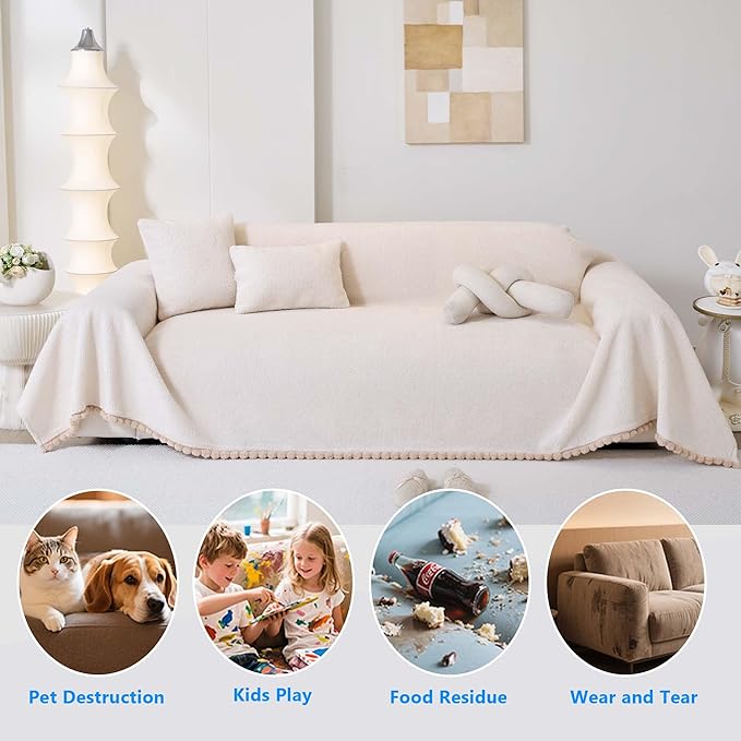 Sherpa Fleece Couch Cover for 3 Cushion Sofa, Beige, 71" x 134" - Pet Proof Sofa Covers Heavy Duty Scratch Resistant Pet Friendly Furniture Cover - Easy Install, Machine Washable