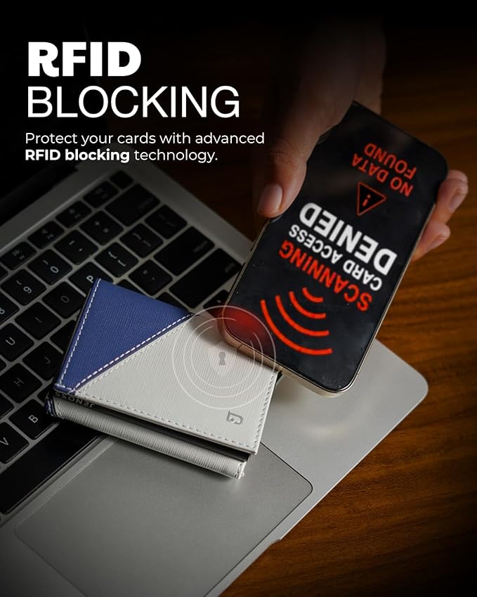 Jenoss Smart Wallet For Men: Full Grain Leather, Handcrafted, Slide Metal Pop Up Case, Slim RFID Blocking Credit Card Holder, Minimalist, Compact 12 Cards Slot Organizers, ID, Money Clip (Grey & Navy)