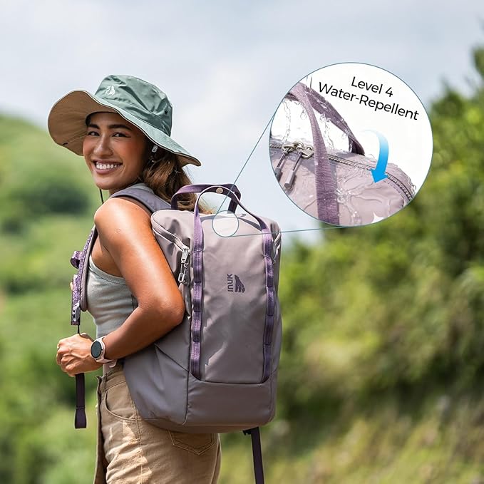 INUK Laptop Backpack for College Students & Work, 25L Lightweight Waterproof Backpack for Business Travel, Hiking Daypack with Padded Sleeve and Safety Whistle, Made from Recycled Materials，Purple