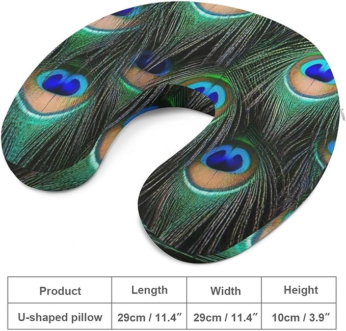Breathable U-Shaped Neck Pillow Memory Foam Travel, Green Peacock Art U-Shape, Machine Washable Support Home Office
