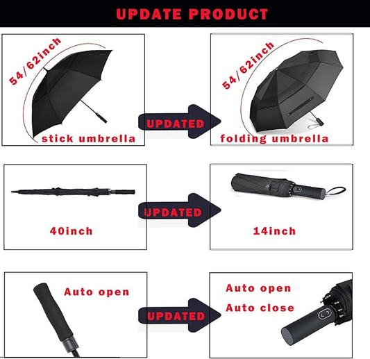 MRTLLOA 49/54/62 Inch Large Folding Golf Umbrella, Oversize Double Canopy Vented 10 Ribs Windproof Compact Travel Umbrellas for Rain