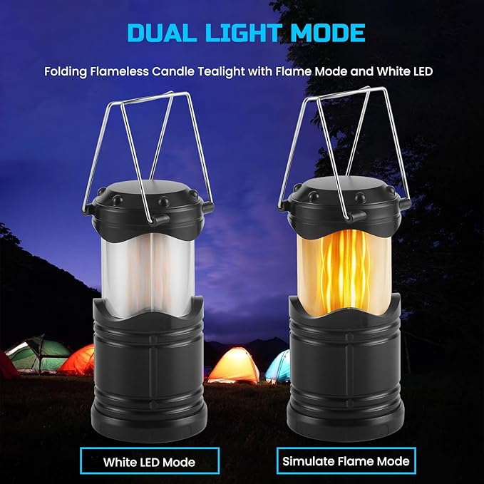 Lichamp 4 Pack LED Camping Lanterns, Collapsible Flameless Candles Tea Lights, Portable Battery Powered Camping Lights Emergency Supplies Kit, Black