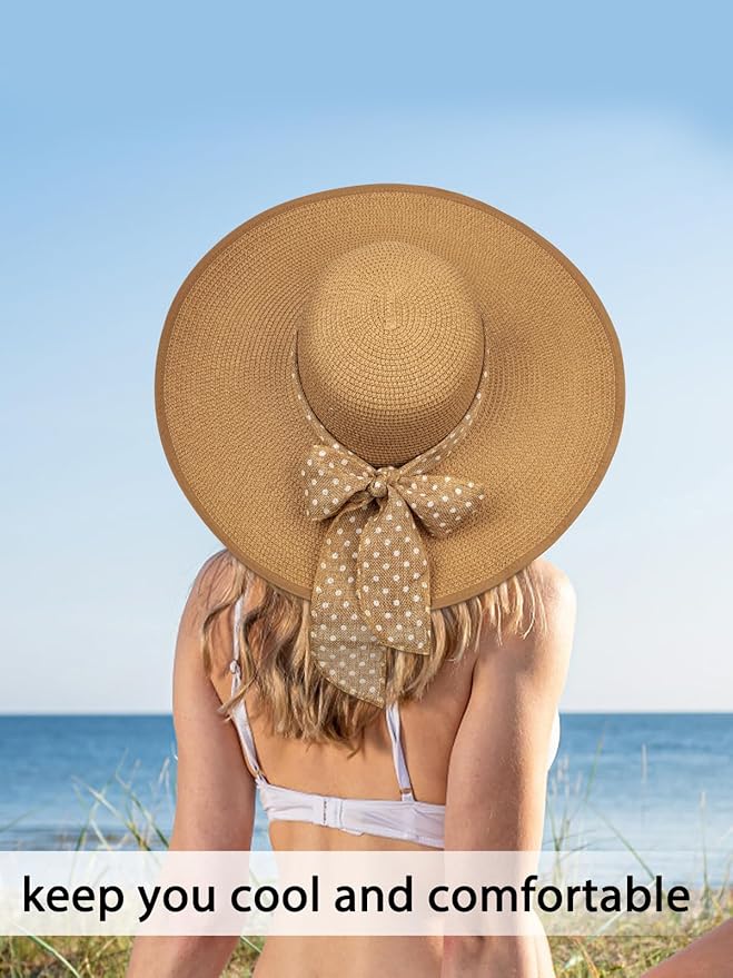 Senker Fashion Sun Hats for Women, Wide Brim Floppy Beach Straw Hat for Summer Travel Vacation Foldable with Sunglasses