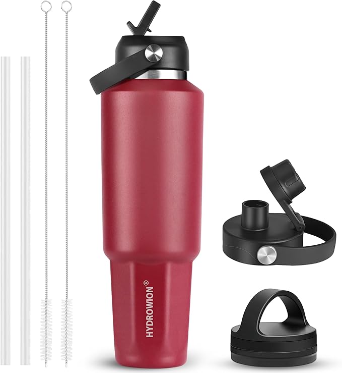 HYDROWION 40 oz Insulated Water Bottle, Car Water Bottle Holder - Double Wall Vacuum Insulated Travel Bottle with Straw Lid, Spout Lid and Flex Cap - Cold for 24H, Hot for 12H, Blue - Red