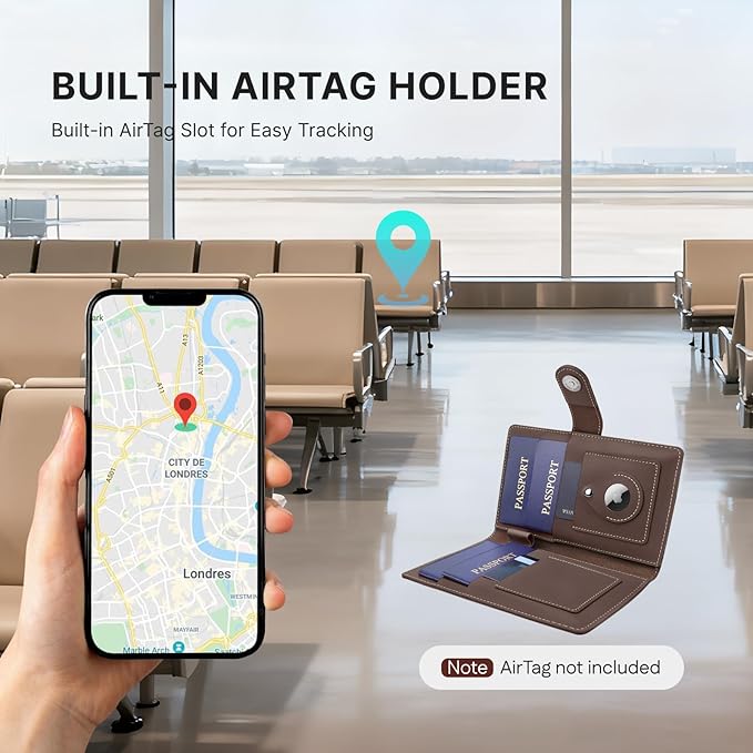 ALLIVE Family Passport Holder, RFID Blocking Passport Wallet with AirTag holder, Genuine Leather Travel Document Organizer for Women & Men, Airport Essentials, Travel Gift (Coffee Brown)