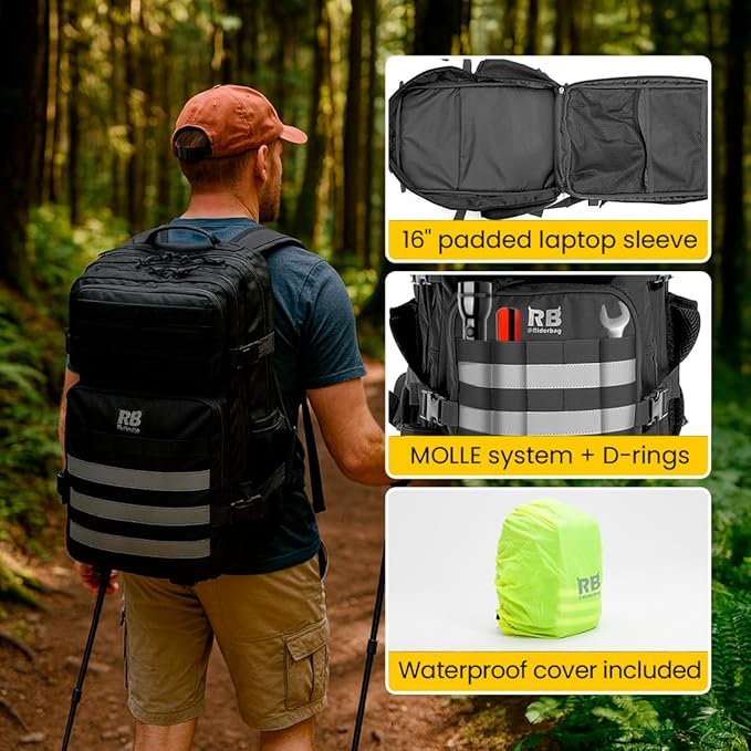 Xtreme 45L Tactical Backpack – Large Travel and Hiking Pack with 16 inch Laptop Sleeve, Stick Holder, Double Bottle Pockets, Recycled Fabric Shell, Rain Cover (Black)