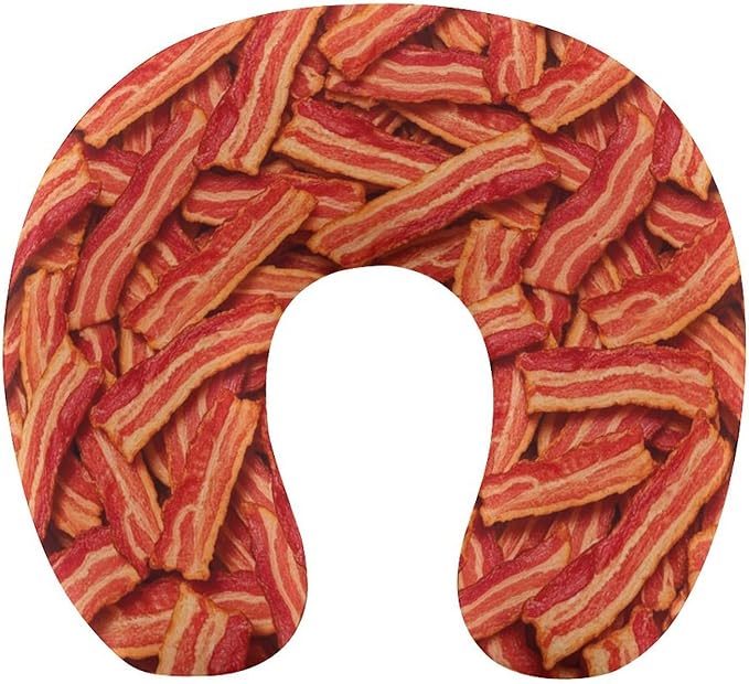 Fashion Travel Pillow Memory Foam Chin Head Support Bacon, Breathable Washable Cover for Women Men Airplane Car Decor