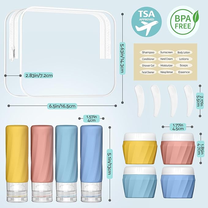 14pack Travel Bottles for Toiletries, TSA Approved Travel Size Toiletries Containers Set, Premium Silicone Leak Proof Refillable Bottles & Creams Jars Accessories Kit W/Clear Bag (Bright)