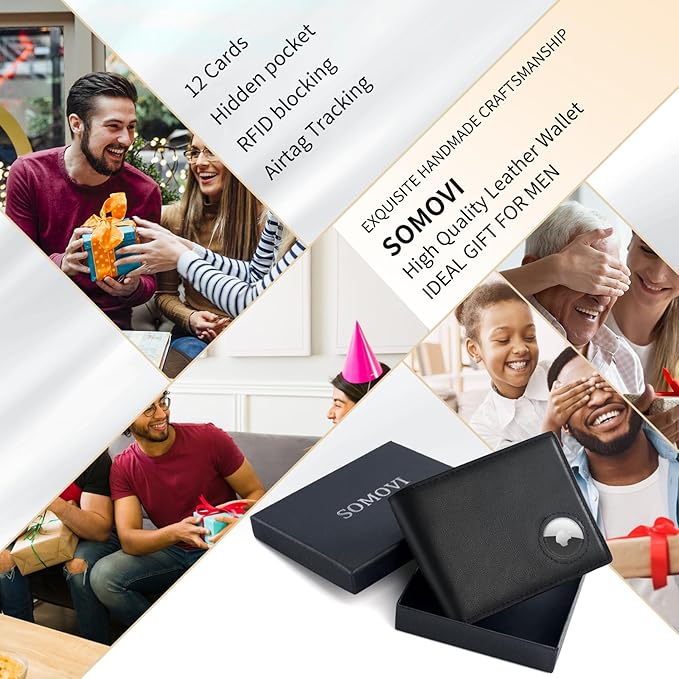 Mens Wallet with AirTag Holder, Genuine Leather Bifold RFID Blocking Wallet for Men - 2 ID Window 13 Cards Holders 1 Gift Box, AirTag Not Included