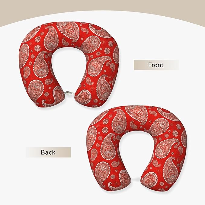 Comfortable Memory Foam Travel Neck Pillow, Funny Chin/Head Cushion Supporting Airplane Car Pillows Paisley Bandana Red for Sleeping Outdoors Travel Office