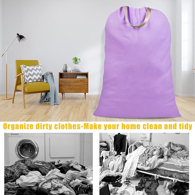 Cotton Canvas Laundry Bag with Handles & Drawstring Straps, Heavy Duty Extra Large Laundry Bags for Laundromat and Household, 25.5x34 Inch, Purple