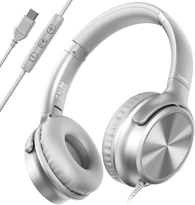 USB C Headphones Wired, Over Ear USB C Wired Headphones with Microphone, Volume Control,HD Stereo Sound,Foldable USB Type C Headphone for Adult/Teens/Laptop/Computer/iPhone 15/16 Series,Silver