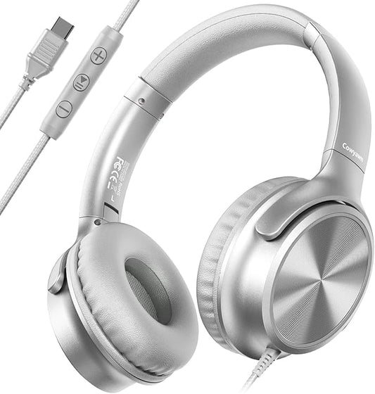 USB C Headphones Wired, Over Ear USB C Wired Headphones with Microphone, Volume Control,HD Stereo Sound,Foldable USB Type C Headphone for Adult/Teens/Laptop/Computer/iPhone 15/16 Series,Silver