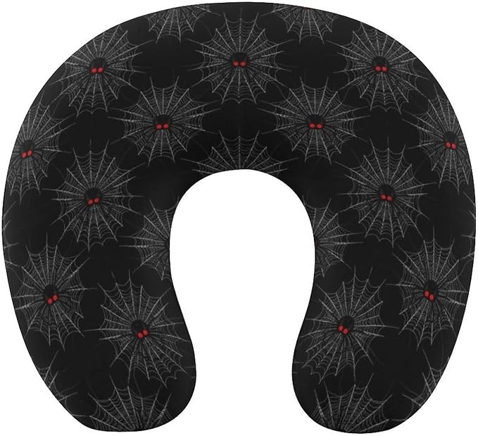 Unisex Travel Neck Pillow Memory Foam U Shaped Cushion Halloween Spiders Web Black, Washable Cover for Men Women Airplane Car Home Rest