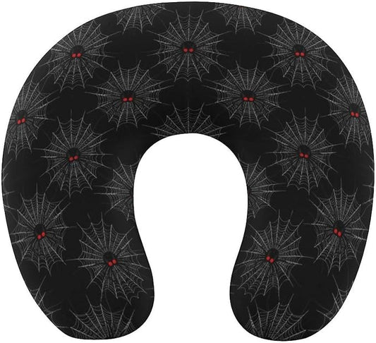 Unisex Travel Neck Pillow Memory Foam U Shaped Cushion Halloween Spiders Web Black, Washable Cover for Men Women Airplane Car Home Rest