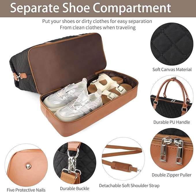 Weekender Bag, Large Travel Duffel Bag for Women, Carry on Overnight Bag with Shoe Compartment and Toiletry Bags