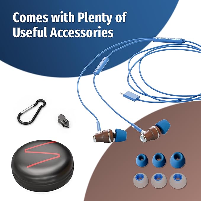 Symphonized Premium Wooden iPhone Earphones Wired (USB C) Deep Bass Sound, 3D Sound, Microphone Volume Control, 90% Noise Cancelling for Type C Devices. Earphones for iPhone 15 to 17 & Android