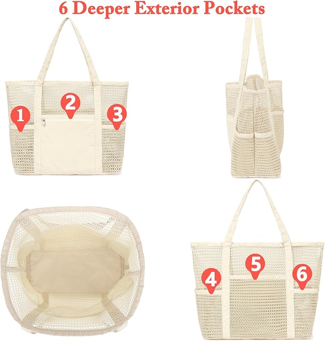 Mesh Beach Bag for Women, Casual Hobo Bags Large Beach Tote for Pool Travel Cruise Vacation Essentials