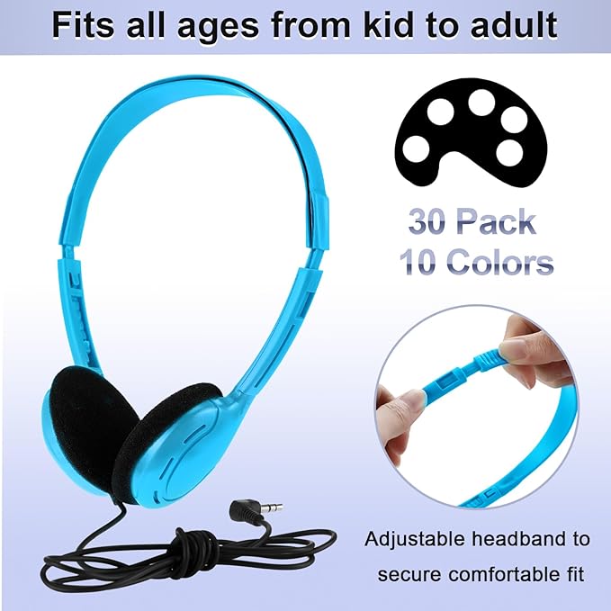 Yunsailing 30 Pack Bulk Over Ear Headphones Set On Ear Headsets Earphones with Adjustable Headband and 3.5mm Plug for Group Learning, Computer Lab, Library, Online Lesson (Vivid Color)