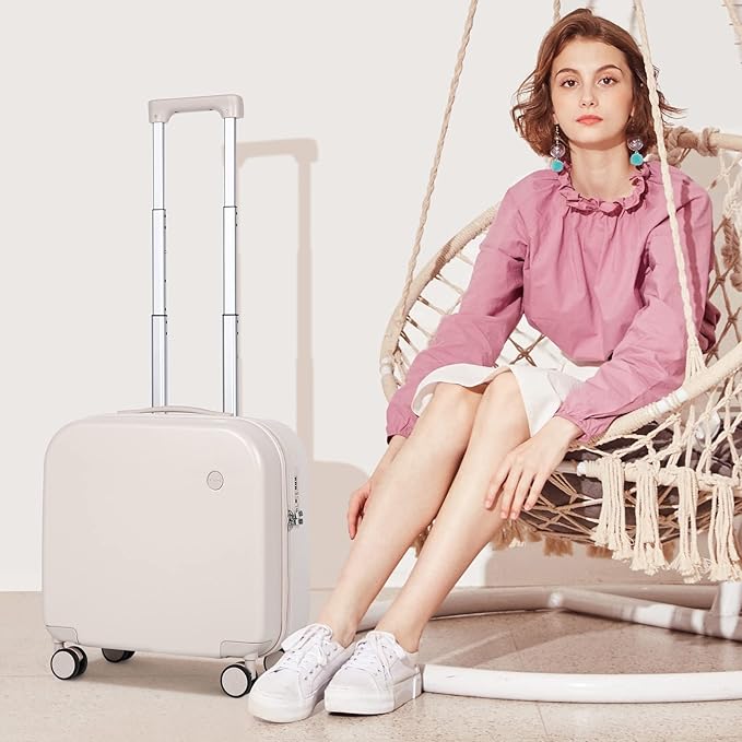 mixi Carry on Luggage, Suitcase with Spinner Wheels 16in Luggage Hardshell Lightweight Rolling Suitcases PC with Cover & TSA Lock, Off White（Slight Pink）