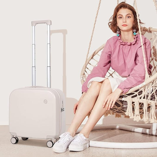 mixi Carry on Luggage, Suitcase with Spinner Wheels 16in Luggage Hardshell Lightweight Rolling Suitcases PC with Cover & TSA Lock, Off White（Slight Pink）