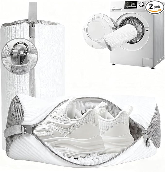 Shoe Washing Machine Bag 2 Pack, 360°Deep Clean Durable Shoes Laundry Bag for Washer and Dryer, Reusable Shoe Cleaner Bags, Sneaker Washing Machine Bag, White