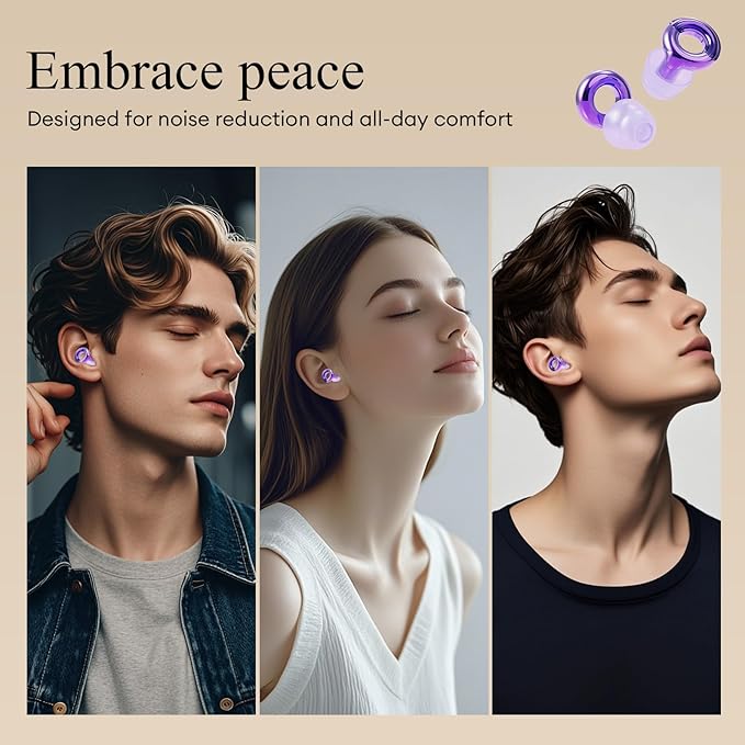 Noise Cancelling Ear Plugs 45dB – Reusable Silicone Earplugs for Sleeping, Snoring, Travel, Concerts & Work with 8 Eartips – Soft Comfortable Hearing Protection (Purple, One Size)