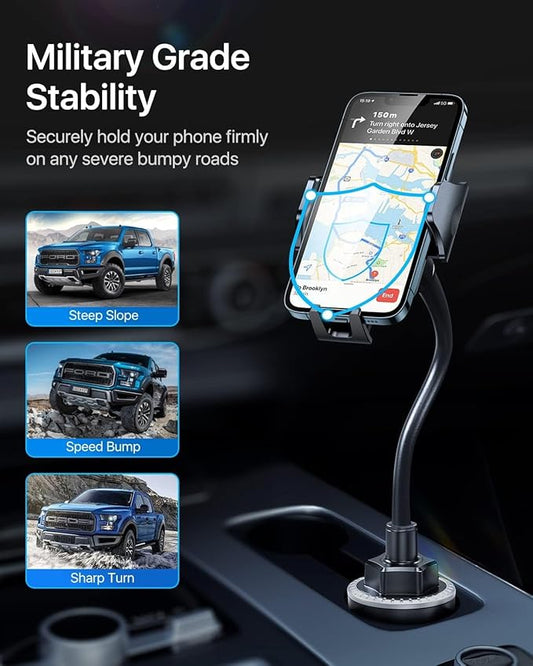 andobil Military-Grade Cup Phone Holder for Car/Truck, [2026 Enhanced] 13" 360° Adjustable Gooseneck w/Anti-Shake Car Mount, Universal Car Phone Holder for iPhone/Samsung/Pixel All 4.0-7.0" Devices