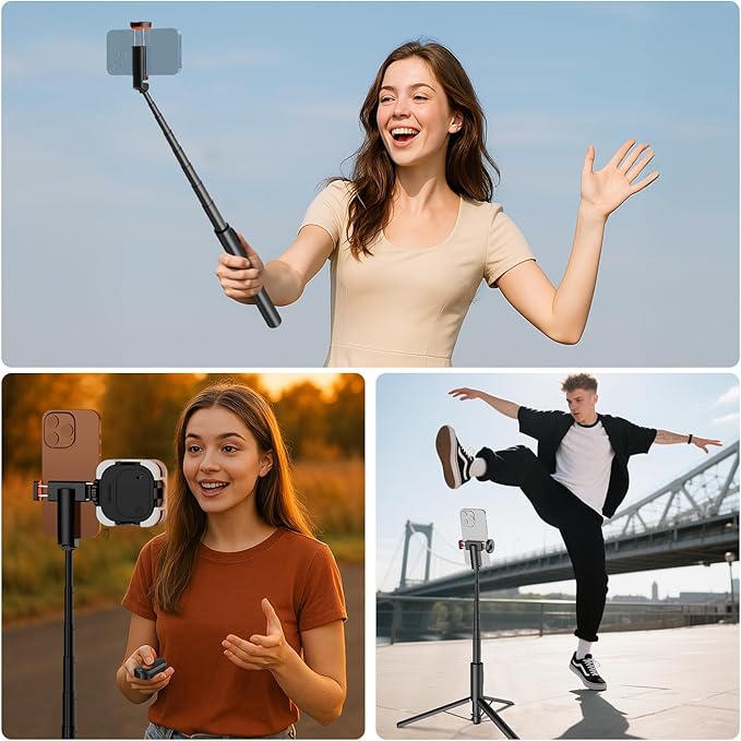 NEEWER 57.9" Selfie Stick Tripod Compatible with iPhone Samsung Android, Metal Portable Lightweight Travel Cell Phone Stand with Phone Holder Mount & Remote for Video Recording Filming, PA992 Black