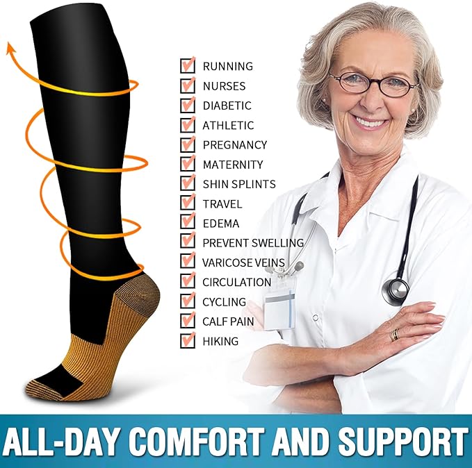 Bluemaple 6 Pack Copper Compression Socks for Women and Men Circulation-Best Support for Medical, Running,Nursing,Athletic