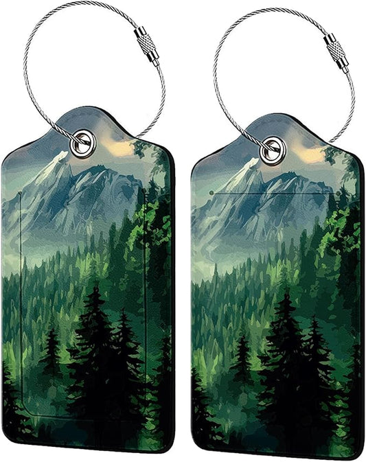 Foggy Mountains Landscape 2-Pack Luggage Tags for Suitcases,Leather Baggage Tag with Loop, Tags Private Name ID Labels for Women Girl Men Boys Travel Baggage Suitcase