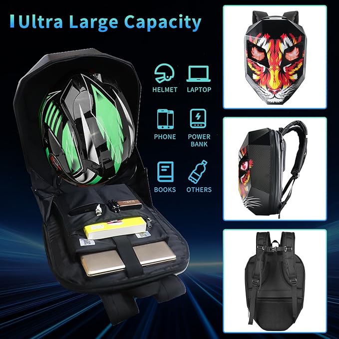 Motorcycle Backpack with LED Eyes, DIY Laptop Backpack for Riding, Cycling, Travel, Waterproof Hard Case Motorbike Bag, Large Size 19" Tiger