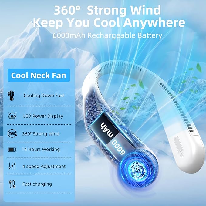 Portable Neck Fan,Hands Free Personal Wearable Bladeless Fan,6000mAh USB Rechargeable,360° Cooling,LED Display,4-Speeds,Birthday Gifts for Men Women Dad Mom,Stocking Stuffers Christmas Gifts (White)