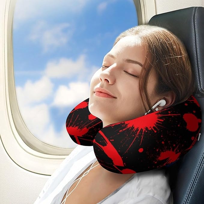 Teens Neck Pillow U-Shaped Memory Foam Travel Support, Red Blood Stains Black U-Shape, Washable Airplane Car Office Pillow