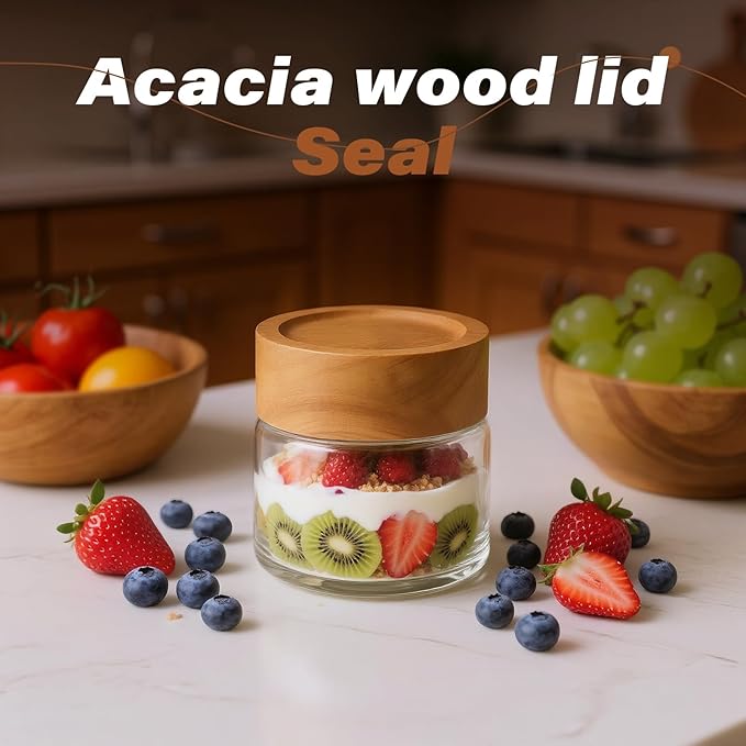 Zoaiirte 2-Pack 4 oz Leakproof Mason Jars with Airtight Acacia Wood Lids - Small Glass Food Storage Containers for Overnight Oats, Spices, Snacks, Kitchen Pantry Organization