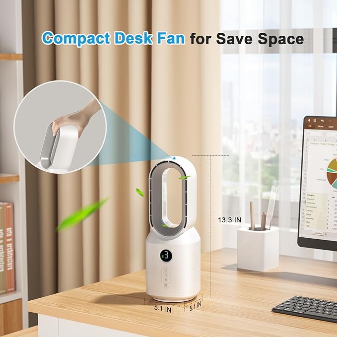 Desk Fan,13 Inch Portable Bladeless Fan, Small Quiet Office Fan with 106° Oscillating, 3 Speeds & Night light, LED Display, Button Control, Personal Table Fan for Bedroom, Office, Home, Study Room