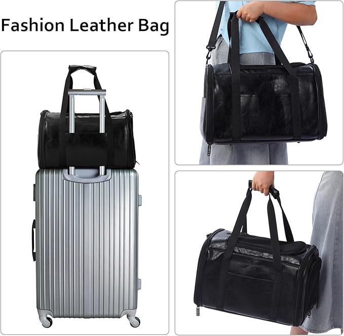 Fashion Leather Dog Carrier Cat Carrier Airline Approved Pet Carrier for Small Medium Dogs Cats Under 15Lbs, Collapsible Soft Sided Travel Puppy Carrier