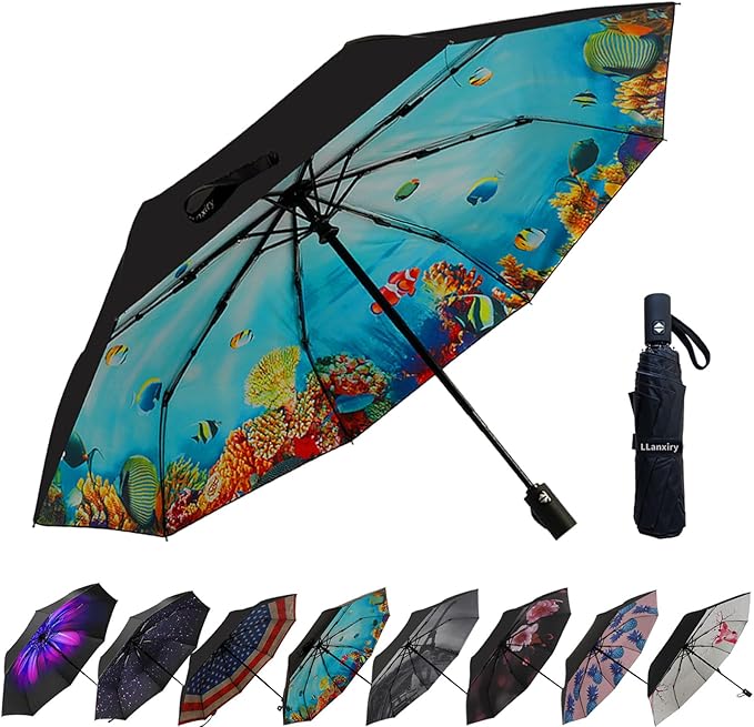 LLanxiry Compact Travel Umbrella, 44" Canopy, Automatic Open/Close Windproof Umbrella, 210T Pongee, 8-Rib Fiberglass, Travel Size Mini, Portable Rain/Sun Umbrellas UPF 50+ with Cover