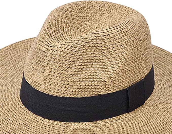 DRESHOW Women Straw Panama Hat Travel Fedora Beach Sun Hat Summer Wide Brim Straw Roll up Hat UPF 50+