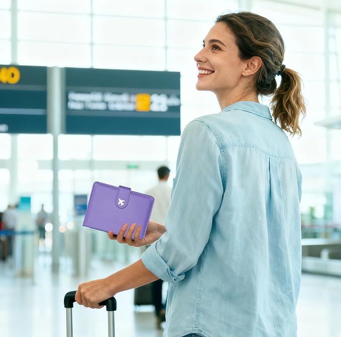 Passport Holder, Travel Wallet Cover with Pen Loop | Cute RFID Blocking Leather Case with Magnetic Closure for Travel Essentials-Purple