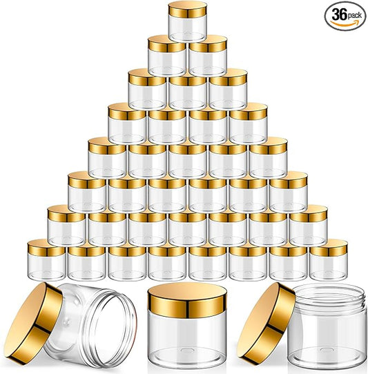 SATINIOR 36 Pieces 6 oz Plastic Jars with Lids Wide Mouth Airtight Reusable Container Acrylic Cosmetic Small Jars for Lotions Ointments Travel Toiletries Creams Make up Storage(Gold)
