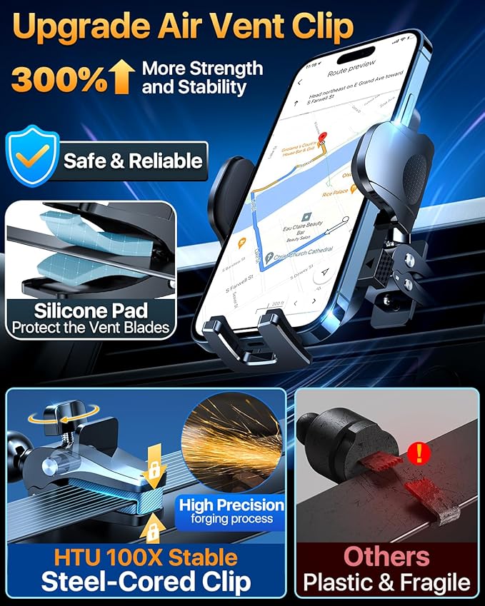 HTU [True Military-Grade] 2025 Upgraded Car Phone Holder 【Safety Certs & No Smell】 Cell Phone Holder for Car Mount for Dashboard Windshield Air Vent Long Arm Thick Case,Purple